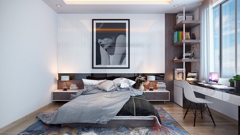 Mẫu thiết kế nội thất phòng ngủ 14m2 ấn tượng với vách ốp đầu giường và tranh trang trí nghệ thuật