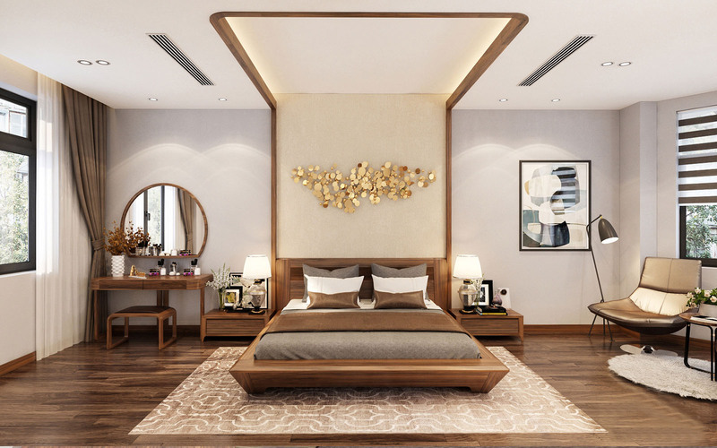 Mẫu phòng ngủ 18m2 rộng rãi, sử dụng nội thất gỗ tự nhiên đẹp mắt, tiện nghi