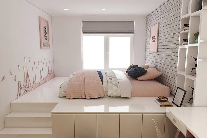 Mẫu nội thất phòng ngủ 7m2 tông màu hồng pastel ngọt ngào, ấn tượng