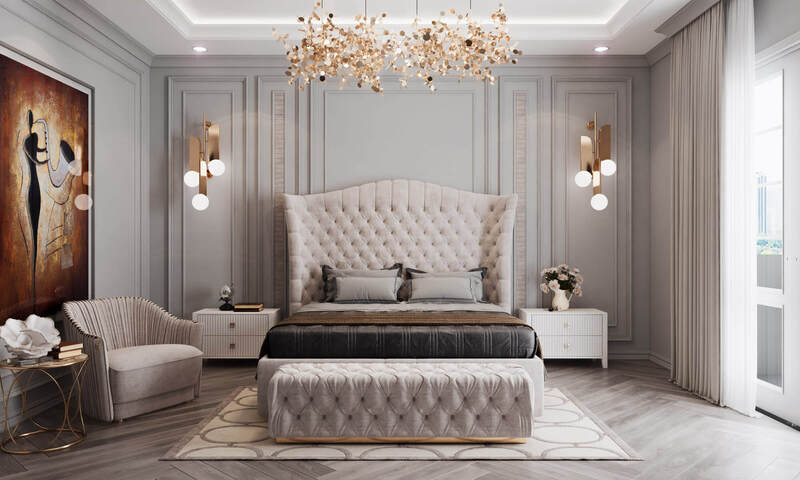 Phòng ngủ phong cách tân cổ điển nhẹ nhàng với tone màu trung tính