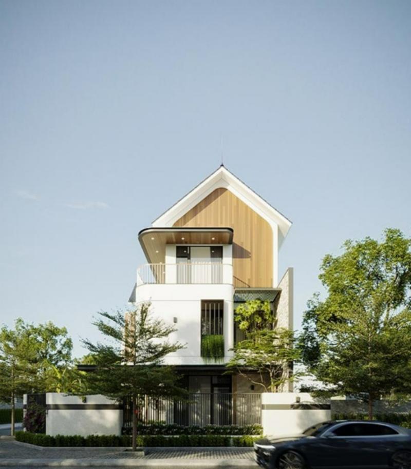Mẫu thiết kế nhà phố 3 tầng mái thái với gỗ ốp tường bạn công mang lại cảm giác thoải mái