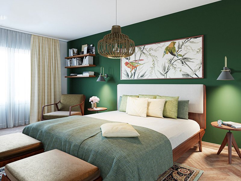 Dùng giấy dán tường để phòng ngủ màu xanh lá cây
