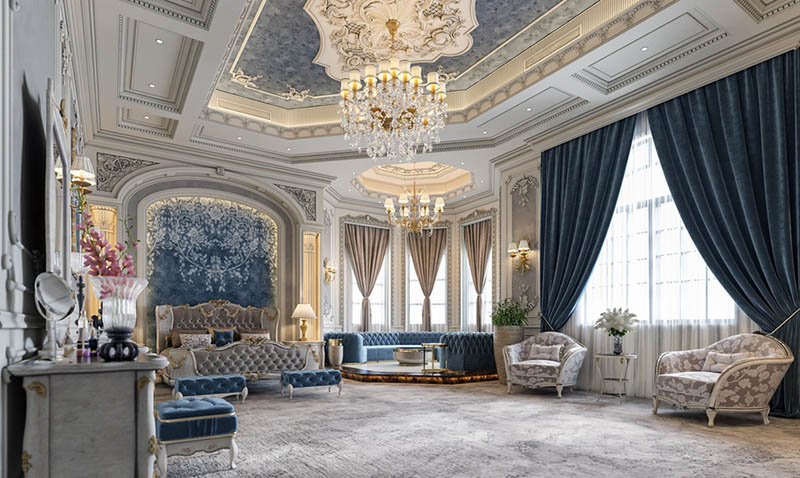 Mẫu phòng ngủ màu xanh phong cách hoàng gia châu Âu