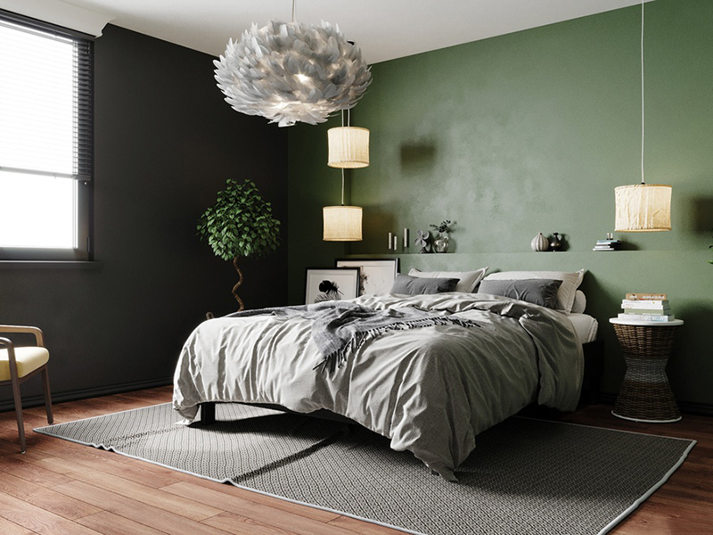 Mẫu phòng ngủ màu xanh rêu tiện nghi